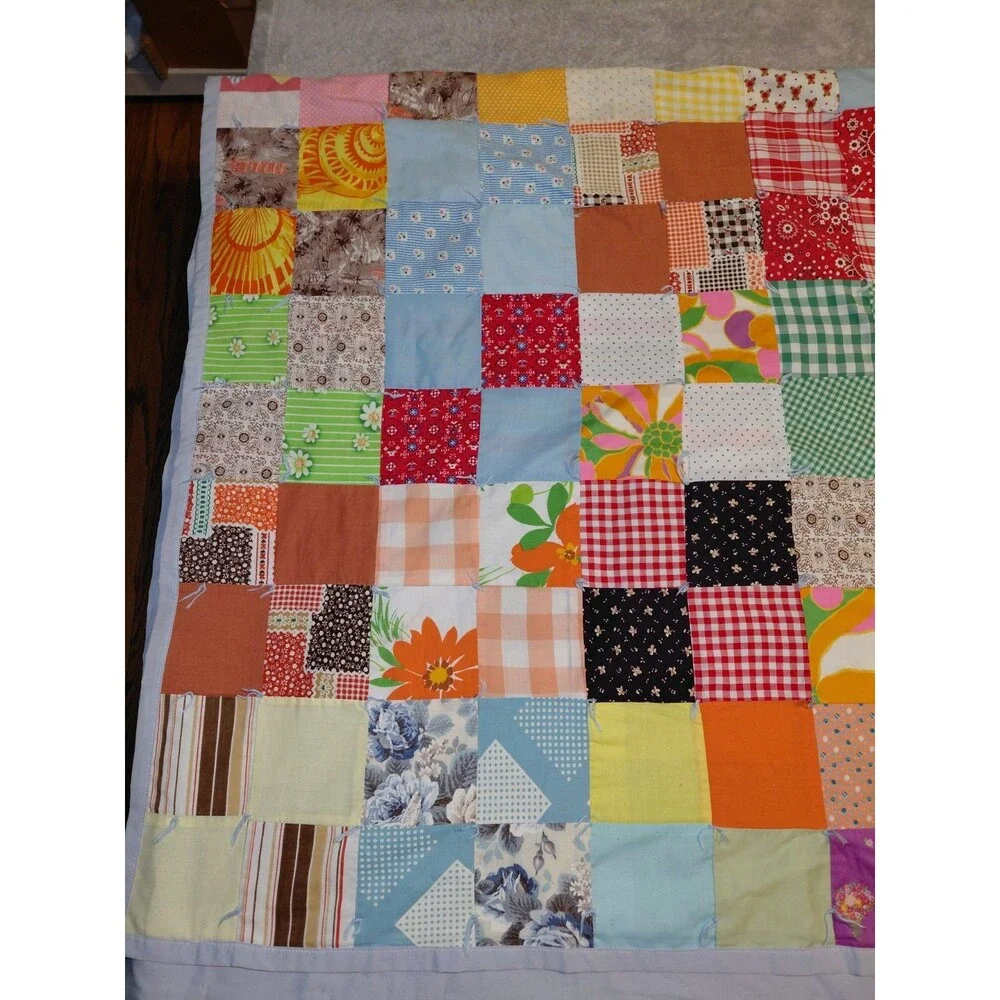Vintage Scrap Patchwork Handmade Quilt Bright Floral Patches 80 X 40 READ DESC